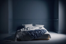 A Mattress In A Dark Blue Bedroom Has White Bed Linen On Top. Generative AI