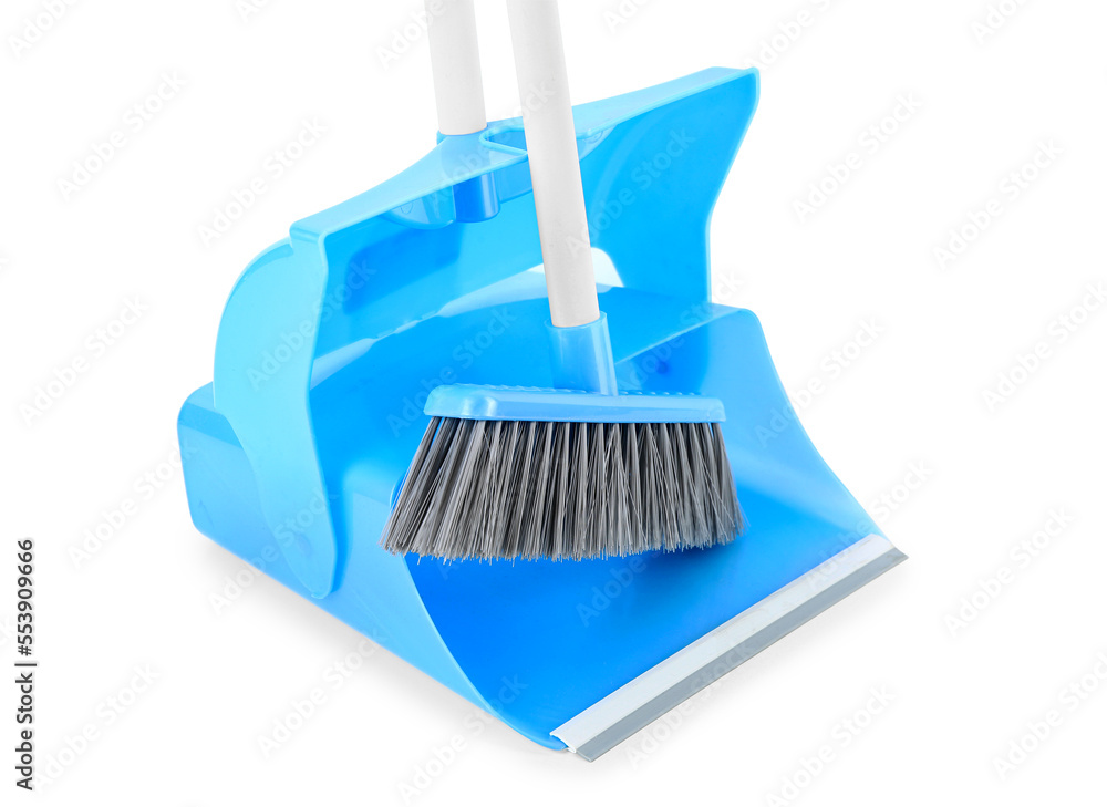 Cleaning broom and dustpan isolated on white background, closeup