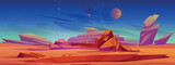 Desert landscape of Mars surface at night. Alien planet nature scene with red ground, sand, stones mountains, stars and moon in sky, vector cartoon fantastic space illustration