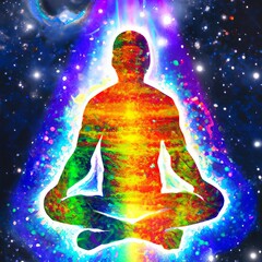 Wall Mural - Illustration of a man sitting in a lotus position, meditating, with colorful energy field surrounding him. Generative AI