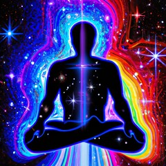Wall Mural - Illustration of a man sitting in a lotus position, meditating, with colorful energy field surrounding him. Generative AI