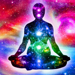 Wall Mural - Illustration of a woman sitting in a lotus position, meditating, with colorful chakras activated on the body and energy field surrounding her. Generative AI