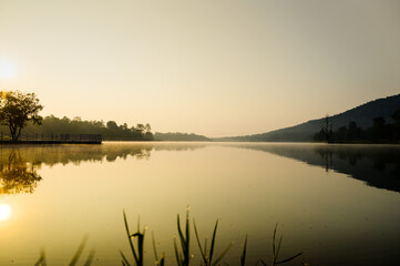 Poster - Huay Tueng Thao Lake in the early morning, the lake offers beautiful scenery, fresh air and steam rising from the surface