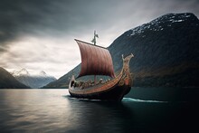 Viking Ship Entering A Fjord Landscape. Generative AI