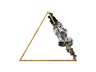 Wall Mural - Golden abstract triangle frame, geometric, contrast black paint brush smudge, texture, isolated graphic design element made with brushstroke, hand drawn art for backgrounds, watercolor paint