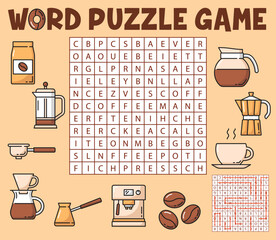 Poster - Coffee drinks word search puzzle game worksheet, vector kids quiz grid. Crossword riddle game to find words in grid, coffee cup and espresso maker, coffee beans and mugs for teapot