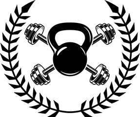 Wall Mural - Barbell and kettlebell and wreath. Emblem template. Design element for logo, sign, emblem. Vector illustration