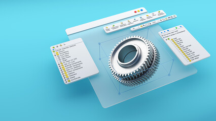 Engineering project, 3D CAD software model of a gear wheel. Mechanical dimensional digital production factory, computer screen. 3d rendering.