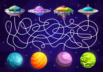 Sticker - Space labyrinth maze help to ufo find a planet. Kids vector worksheet with alien saucers and tangled path in cosmos. Educational children board game with cartoon planets and extraterrestrial shuttles