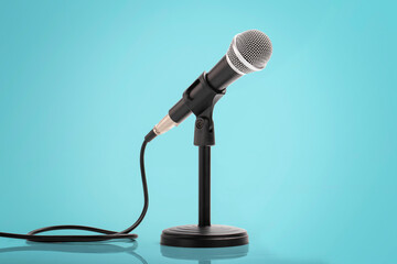 Wall Mural - Retro microphone on wooden table with blue wall background