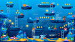 2d arcade game underwater landscape level map interface. Shark, platform, stairs, coins, bonus and treasure icons. Cartoon vector background under water sea or ocean floor with ancient sunken ruins