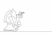 Continuous One Line Drawing Arab Businesswoman Leader Standing On Horse Chess Piece Using Telescope To See Business Vision. Looking For Opportunity. Single Line Draw Design Vector Graphic Illustration