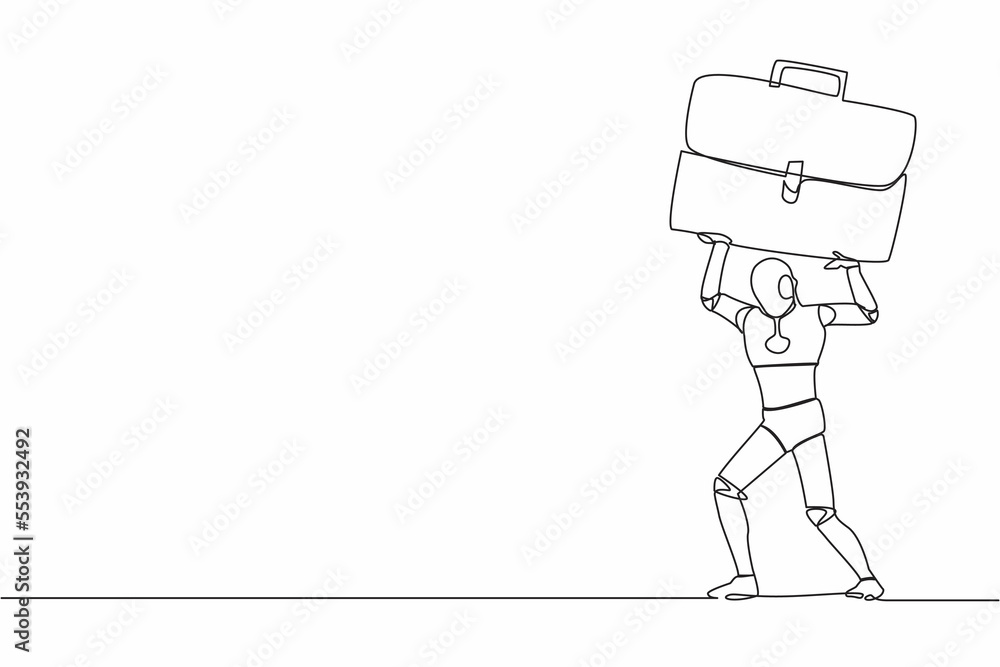 Single one line drawing of tired robot carrying heavy briefcase on his ...