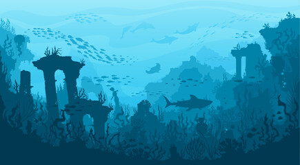 underwater landscape, ancient city columns and temples, shark, manta and fish, vector sea background