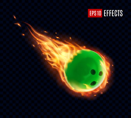 bowling ball with fire flames. vector design with realistic 3d burning bowl sphere flying with blazi