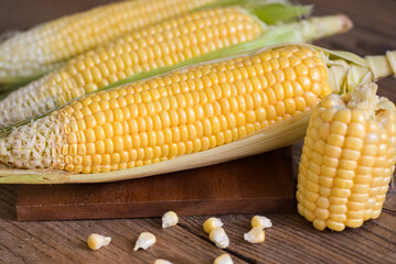 Sticker - Corn on the cob, Sweet corn for cooking food, Fresh corn on wooden background, Harvest ripe corn organic