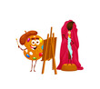 © Vector Tradition - Cartoon brush and color palette characters. Back to school or art hobby happy smiling personages, isolated vector cheerful paint palette artist drawing model in studio with brush on easel