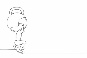 Wall Mural - Single one line drawing exhausted businessman carrying heavy kettlebell on his back. Tension, heaviness in business life. Overwork, stress, time management. Continuous line design vector illustration