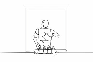 Wall Mural - Single one line drawing robot watering flowers on the balcony. Home green garden, house plants growing. Robotic artificial intelligence. Technology industry. Continuous line design vector illustration