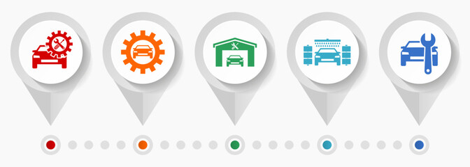 Aufkleber - Car services vector icons, auto washing and workshop flat design web pointers collection, business concept infographic template