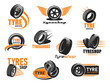 © Vector Tradition - Car tyre shop and service icons. Wheel tire repair and balancing. Car wheel rims store or repair service vector symbol, vehicle tyres change mechanic workshop retro icons