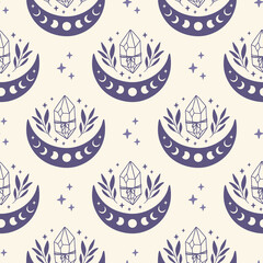 Wall Mural - Mystical vector seamless pattern with celestial crystal, moon phase. Boho digital paper. Hand drawn magical illustration. Esoteric print for fabric, textile, cover.