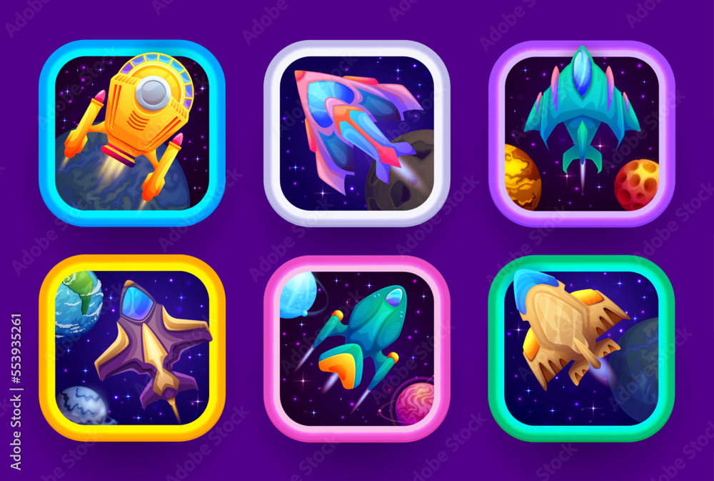 Vector de Stock Cartoon space game app icons with starships. Vector set ...