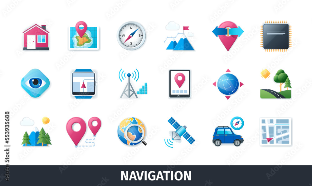 Navigation 3d vector icon set. Technology, map, house, route, compass ...