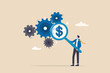 © Nuthawut - Cost effective, reduce cost and time to maximize better quality result, optimize cost and expense for better profit strategy concept, businessman with magnifier dollar money from cog gear production.
