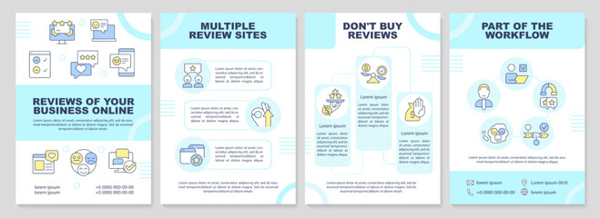 Online business reviews cyan brochure template. Management. Leaflet design with linear icons. Editable 4 vector layouts for presentation, annual reports. Arial-Black, Myriad Pro-Regular fonts used