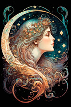 Lovely Woman With The Moon And The Stars, Art Nouveau Style, Concept Art.. Deep Color.