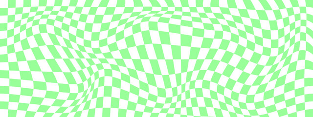 Wall Mural - Distorted checkered pattern with green and white squares. Psychedelic chessboard background. Odd optical illusion. Trippy checkerboard texture