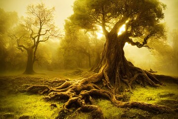 fantasy landscape, old magic tree in the forest, old spooky tree with long mysterious roots, fictional landscape created with generative ai