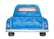 Watercolour Illustration Of Back View Of Blue Pickup Car. Hand Painted Water Color Graphic Drawing On White, Cut Out Clip Art Element For Design Decoration, Poster, Greeting Card, Banner, Print.