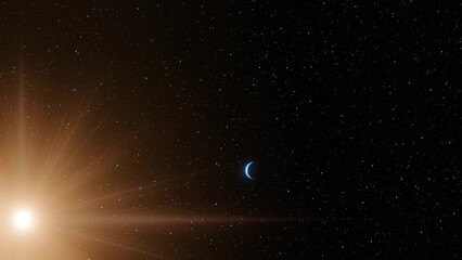 Wall Mural - the camera descends approaching to the surface of a blue planet with sun and three moons orbiting ab