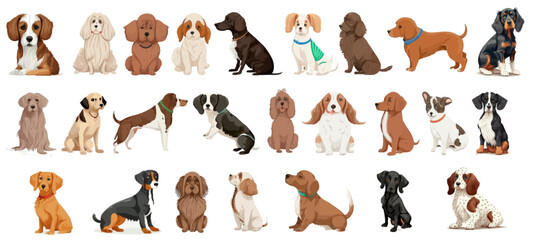 Canvas Print - Cute dogs, puppies of different breeds set. Doodle pattern in different poses and breeds with flat color.Dog hand drawn collection on white isolated  background