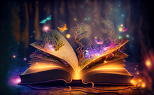 Open Magic Book With Growing Lights, Magic Powder, Butterflies. Magic Book Of Elves In The Fairy Forest