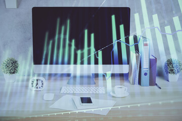 Wall Mural - Forex graph hologram on table with computer background. Double exposure. Concept of financial markets.