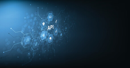 Leinwandbilder - (API)Application Programming Interface concept. Software development tool, information technology, modern technology, internet and networking concept on dark blue background.