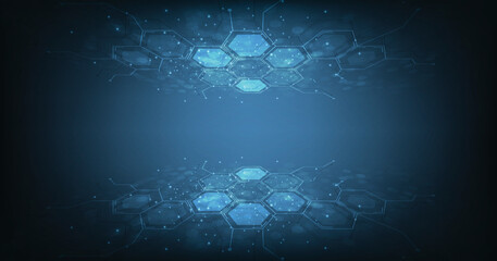 Poster - Hexagon geometry structure on blue background.Bright blue hexagonal network on dark background. Modern technology futuristic digital patterns. Vector illustrations.