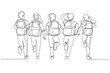 © rina - Cartoon of school kids with backpack run to school. Rear view. Single line art style