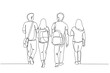 Drawing of rear view of a group of university students walking away. Continuous line art style