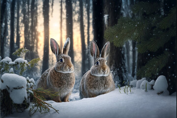 two rabbits in magical forest in winter
