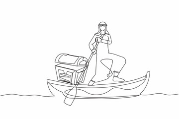 Poster - Single one line drawing Arab businessman sailing away on boat with treasure chest. Money laundering, political corruption. Criminal stole golden coins. Continuous line draw design vector illustration