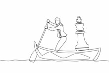 Single One Line Drawing Businesswoman Sailing Away On Boat With Chess King Piece. Company Strategy Or Tactical Move To Winning Business Competition. Continuous Line Design Graphic Vector Illustration