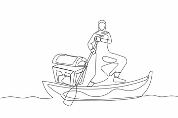 Wall Mural - Continuous one line drawing Arab businesswoman standing in boat and sailing with treasure chest. Success financial. Money laundering, political corruption. Single line draw design vector illustration