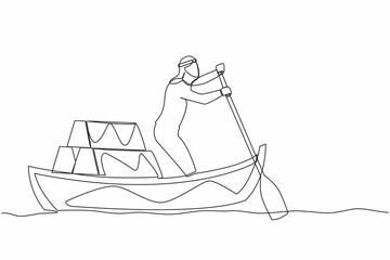 Wall Mural - Continuous one line drawing Arab businessman sailing away on boat with stack of golden bullion. Gold investment concept. Office worker planning future finance. Single line design vector illustration