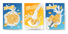 Breakfast Cereal Realistic Poster Set With Rings Isolated. Concept Of Healthy Breakfast. 3d Ring Cereals Or Cheerios Ad Template.
