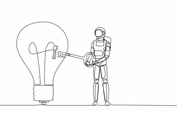 Wall Mural - Single one line drawing astronaut put big key into light bulb. Unlock innovation on spaceship business idea. Future technology. Cosmic galaxy space. Continuous line graphic design vector illustration