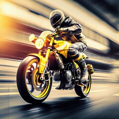 Wall Mural - Biker on yellow sports bike rides on high speed. Blurred motion. Photorealistic illustration. Generative art
